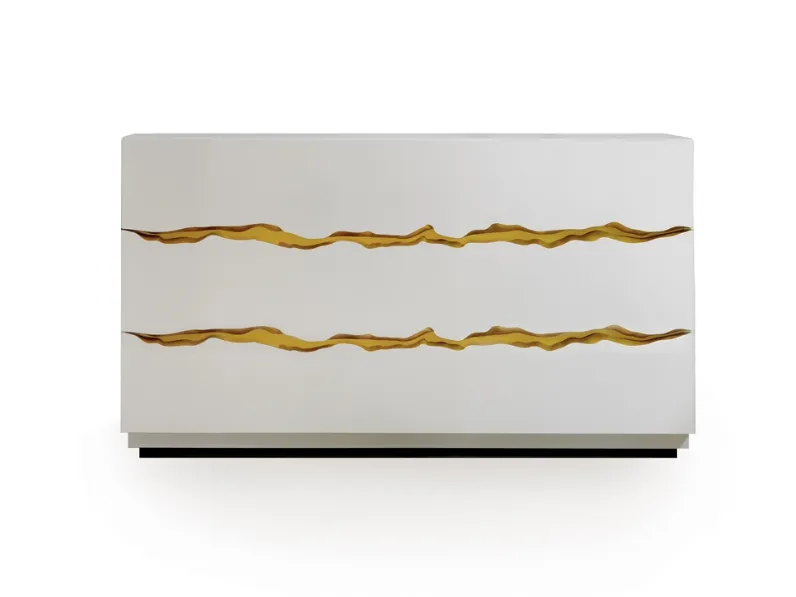 Comò in legno laccato Bianco lucido Impact con decorazione tra i cassetti in oro di Reflex