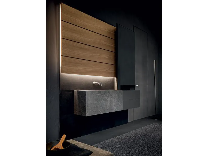 Mobile da Bagno sospeso Blade 02 in gres stone Grey, vetro satinato e boiserie in Noce di Modulnova bagni