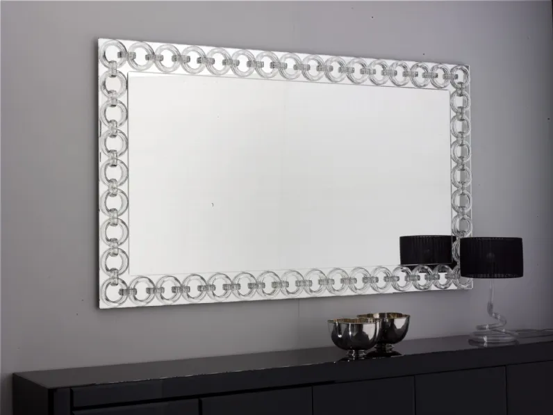 Specchio in vetro extrachiaro decorato con anelli in vetro di Murano Casanova O di Reflex