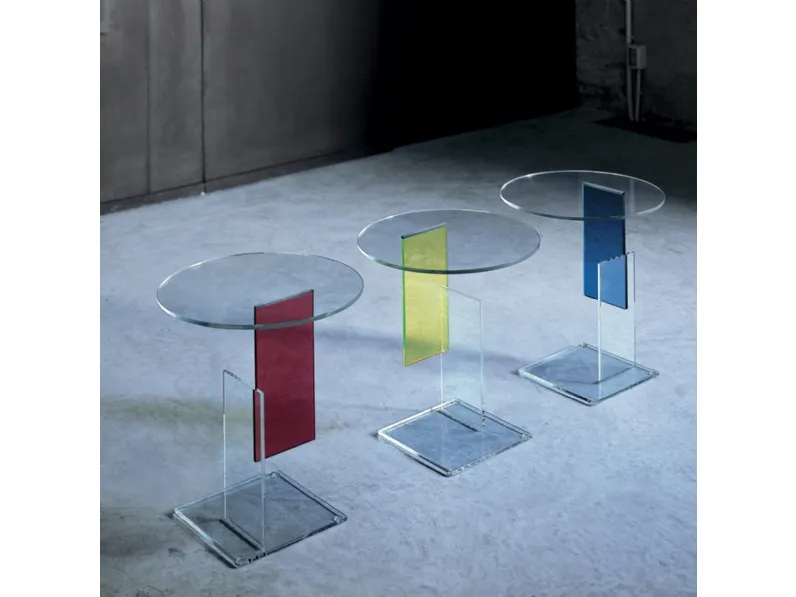 Tavolino Don Gerrit in cristallo trasparente extralight con un inserto di cristallo trasparente colorato blu, giallo o rosso di Glas Italia