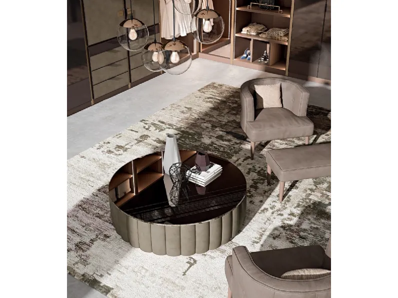 Tavolino Pouf rotondo con struttura imbottita e top in vetro For You YPU04 di Ferretti e Ferretti