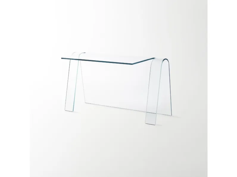 Scrittoio Folio ottenuto da un’unica lastra di cristallo trasparente extralight curvato di Glas Italia