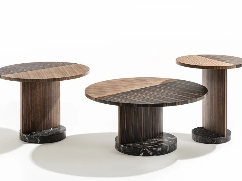 Tavolini tondi in tre diverse dimensioni in legno di noce e ebano con base in marmo Leaf di Porada