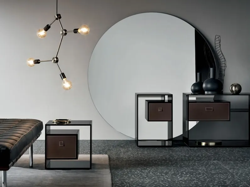 Tavolino in vetro con base a specchio con cassetto in legno Liber di Tonelli