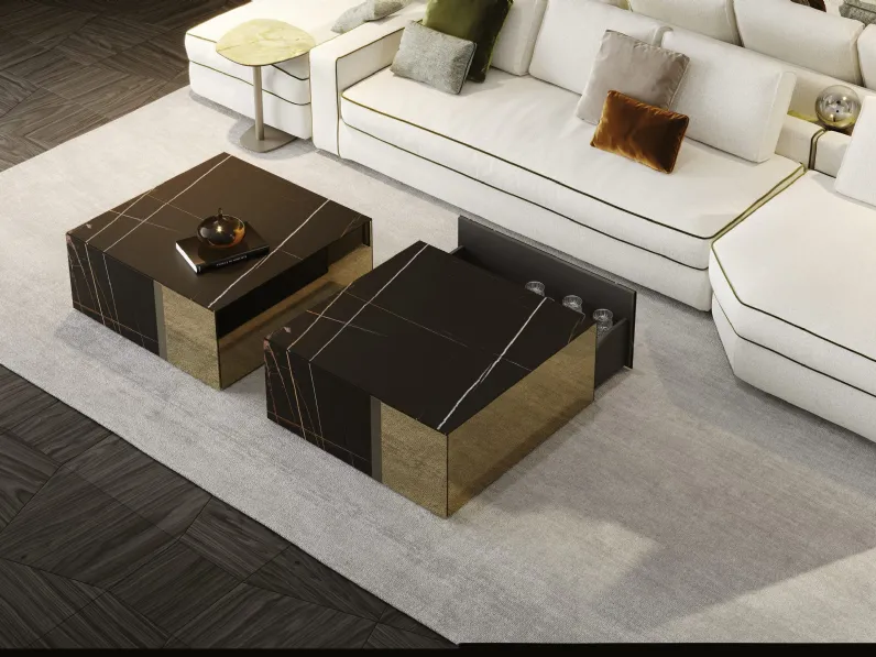 Tavolino con cassetto rivestito in vetro MarmoReflex con inserti in bronzo e specchio bronzo Mondrian 40 di Reflex