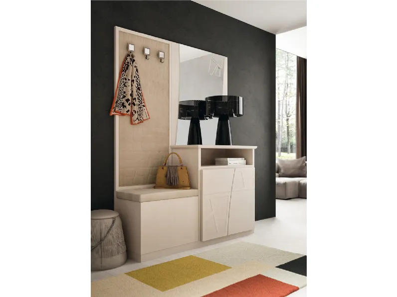 Appendiabiti Motivi Plamoli con cassapanca e specchio in finitura Grigio Tortora di Ferretti e Ferretti