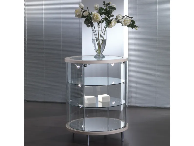 Mobile contenitore tondo Olga in cristallo con top e base in legno laccato de La Vetreria