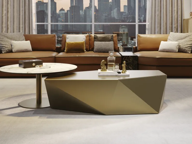 Tavolino in legno sfaccettato in finitura bronzo con top in vetro in tinta Origami 40 di Reflex