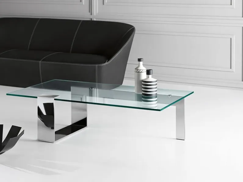 Tavolino in vetro con base in metallo cromato Plinsk di Tonelli