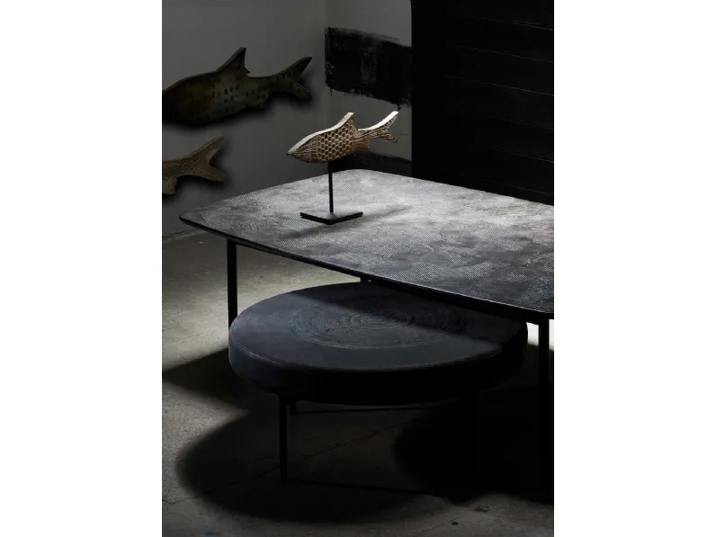 Pouf rotondo Moon in pelle nera con gambe in metallo di MOS-Design