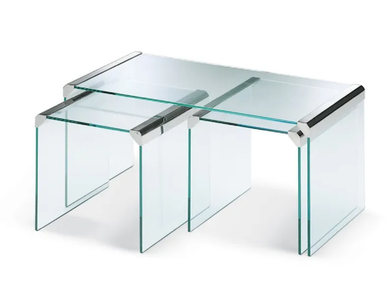 Tavolino Trio in cristallo con parti metalliche in acciaio inox lucido di Gallotti&Radice