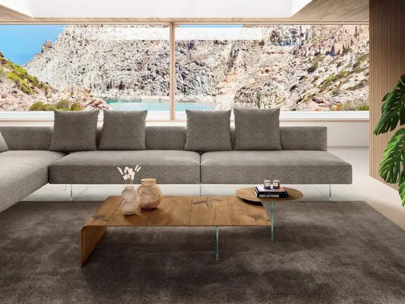 Tavolino lavorato artigianalmente in legno di Rovere centenario e vetro Lean di Lago