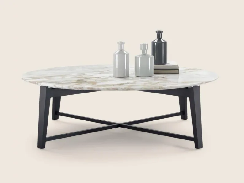 Tavolino rotondo in marmo con base in legno Tris di Flexform
