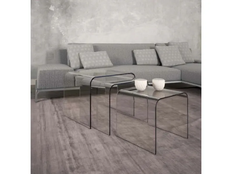 Tavolino Trio in cristallo curvato trasparente de La Vetreria