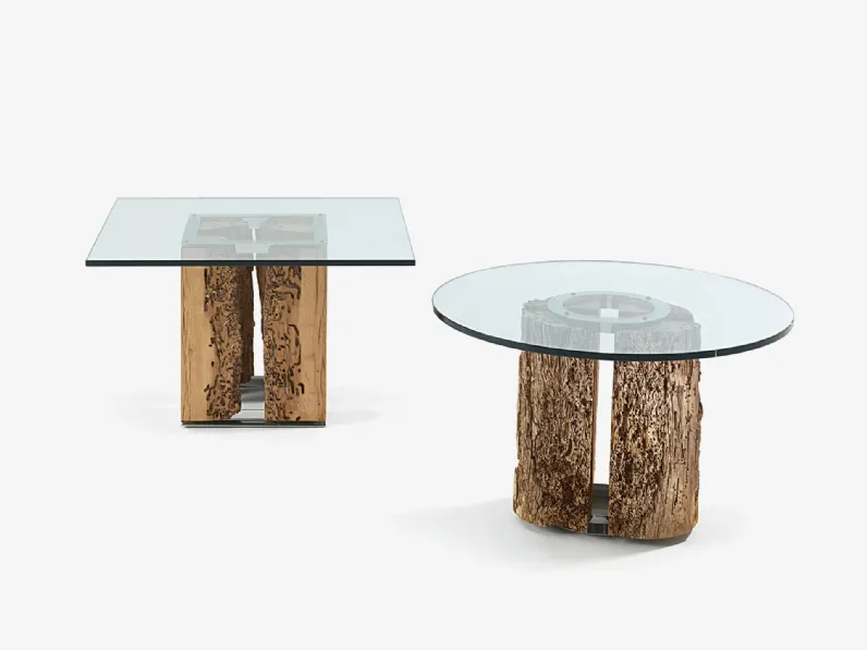 Tavolini Versa & Vice con top in vetro extrachiaro quadrato o tondo e base in legno massello di Briccola di Riva1920