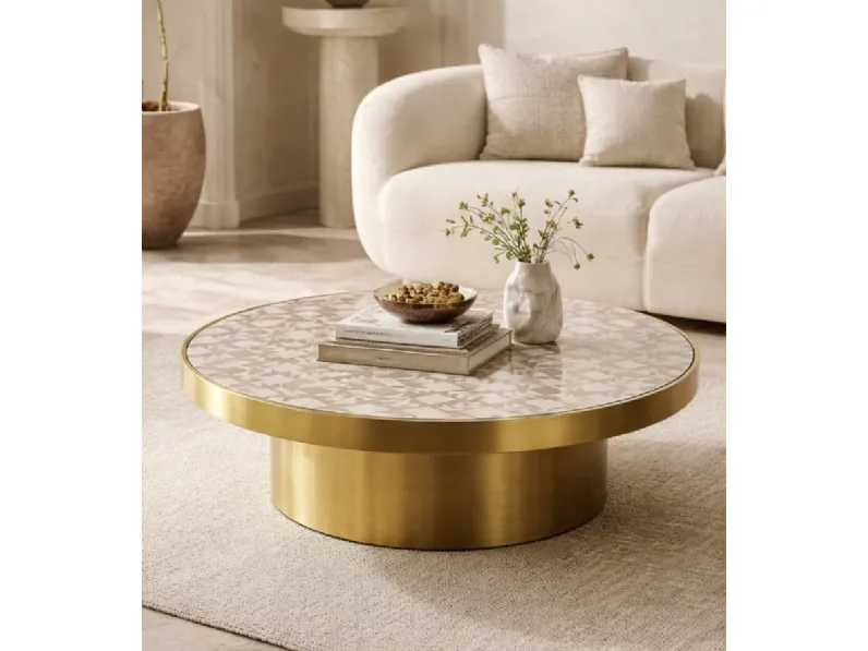 Tavolino Zahir 11 con top in vetro e base in ottone di Migliorino