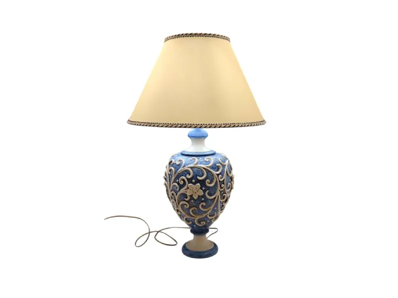 Lampada da tavolo in ceramica Avorio e Blu con paralume in tessuto di Alemanna