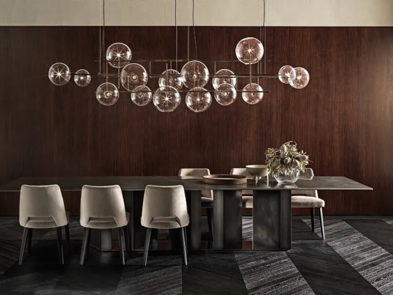 Lampada a sospensione Bolle Orizzontale in cristallo trasparente soffiato con parti metalliche in ottone brunito a mano di Gallotti&Radice