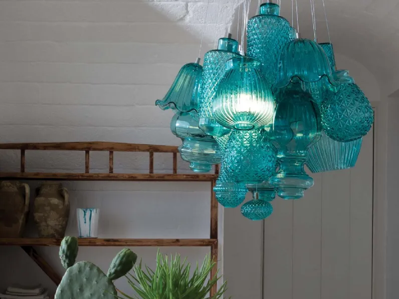 Lampada a sospensione in vetro colorato con vasi di forme diverse Ceraunavolta di Karman