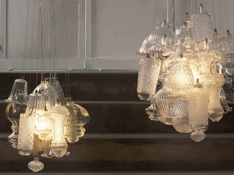 Lampada a sospensione in vetro trasparente con vasi di forme diverse Ceraunavolta di Karman