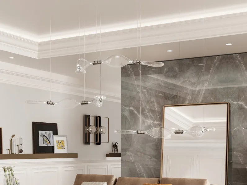 Lampada a sospensione in vetro soffiato trasparente con bolle che si uniscono tramite un giunto in metallo cromato Firefly di Reflex