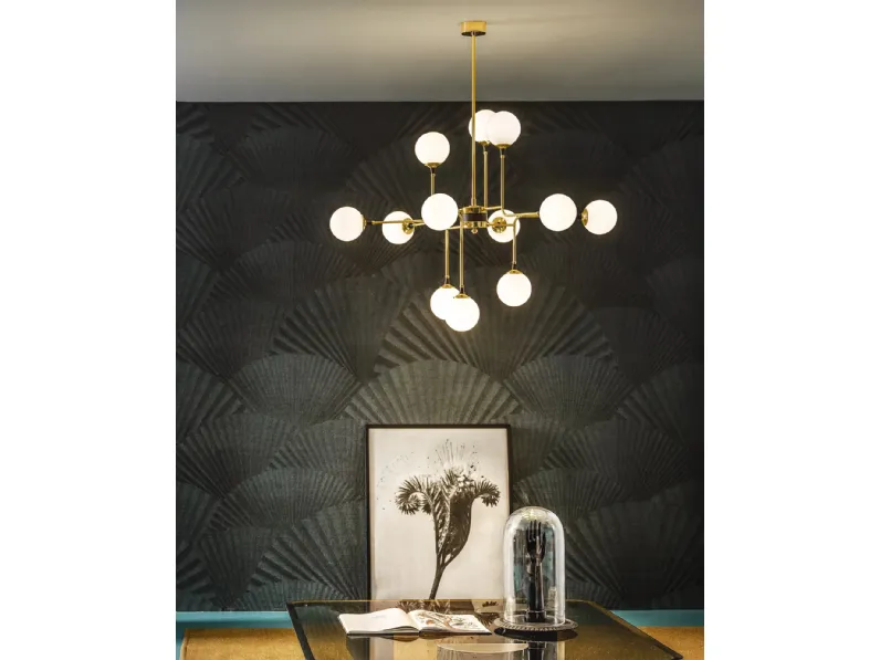 Lampada a sospensione in ottone con diffusori in vetro Galassia di Stilnovo