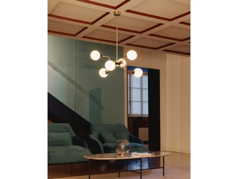 Lampada a sospensione in ottone con diffusori in vetro Galassia di Stilnovo