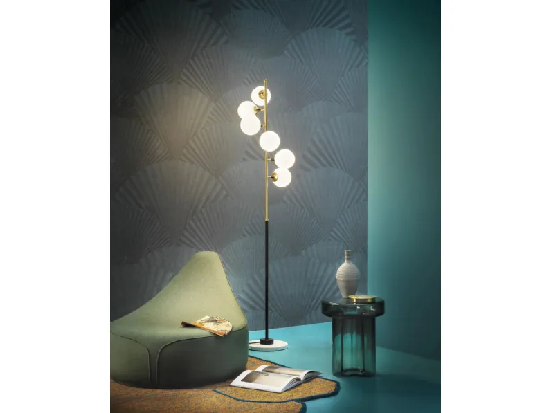 Lampada da terra in metallo e ottone con base in marmo e diffusori in vetro Galassia di Stilnovo