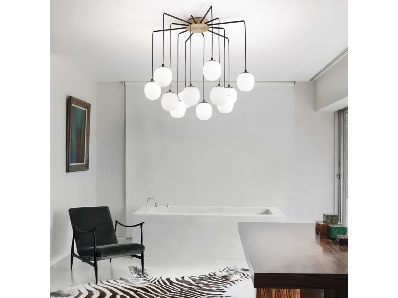 Lampada a sospensione Rhapsody in metallo con diffusori in vetro soffiato bianco acidato di Ideal Lux