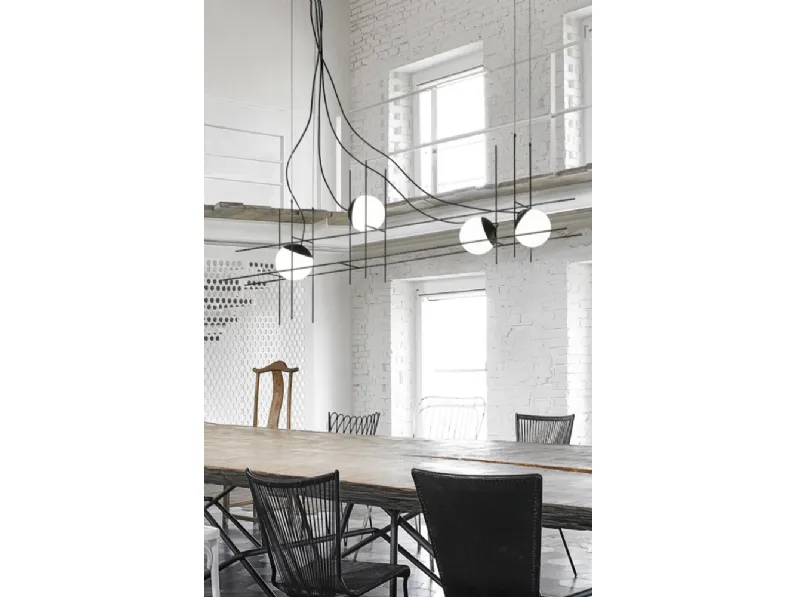 Lampada a sospensione in vetro e bacchette di metallo Plot Frame di Vistosi