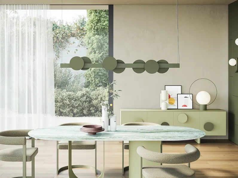 Lampada a sospensione Sundown composta da una barra in metallo verniciato ed elementi magnetici decorativi in metallo di Ronda Design