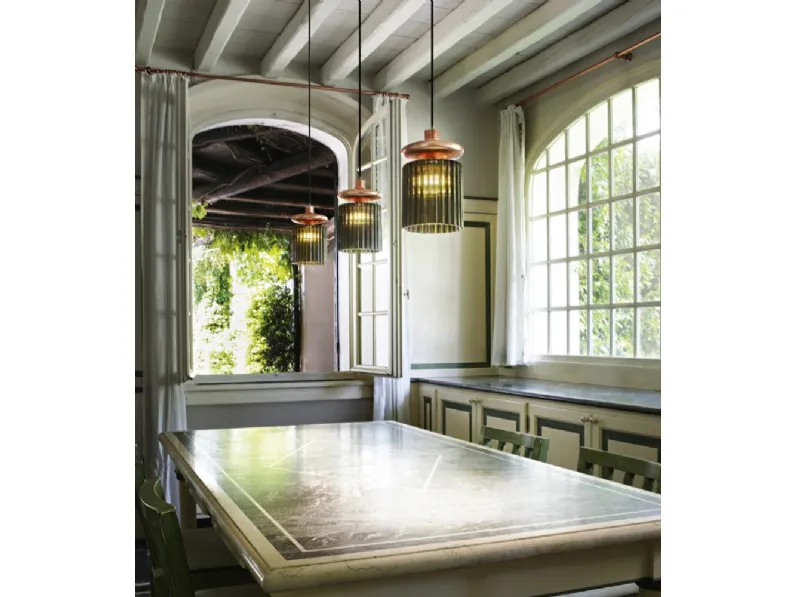 Lampada a sospensione in vetro soffiato e metallo Tread di Vistosi