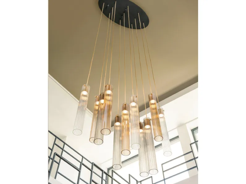 Lampada a sospensione in vetro pyrex cannettato Tube S di Riflessi