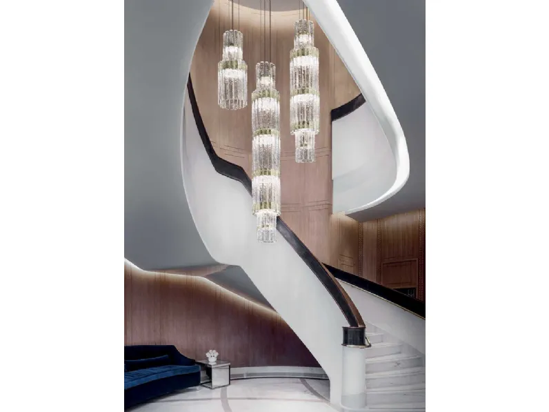 Lampada a sospensione verticale in listelli di vetro effetto roccia Vegas di Masiero