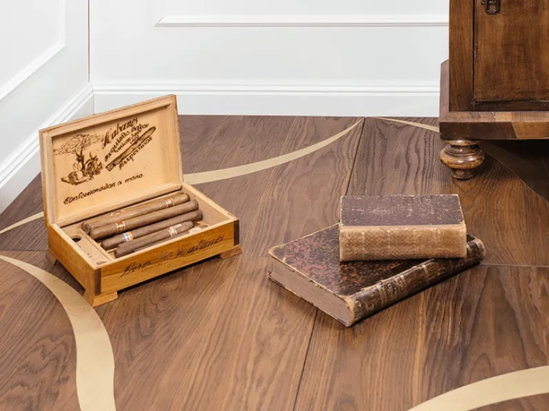 Parquet Quadri e Quadrotte Onda in Rovere termotrattato scuro e Ottone di Milano Parquet