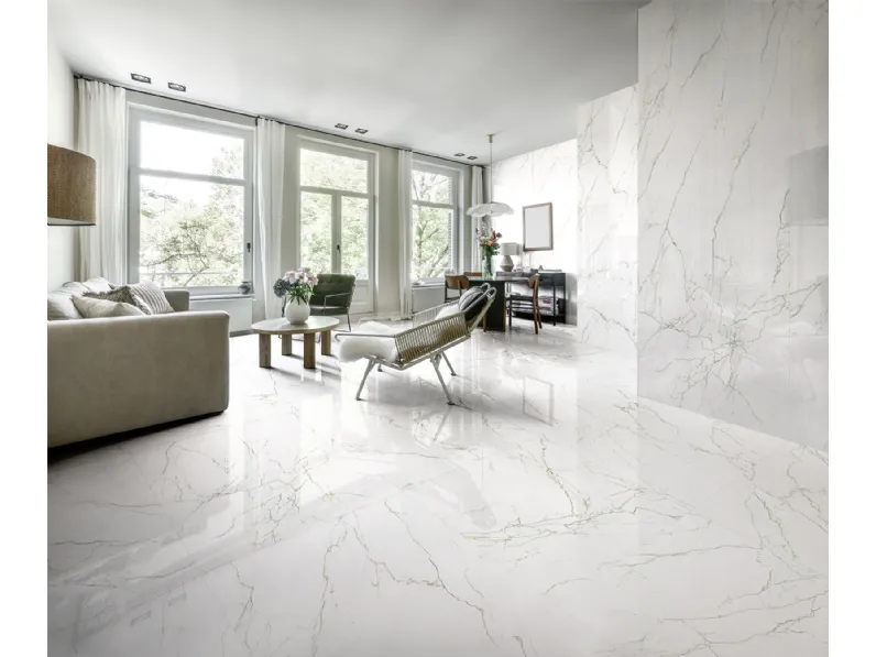 Piastrelle in gres porcellanato effetto marmo bianco di Sicilia con venature di colore verde Segesta di Tagina