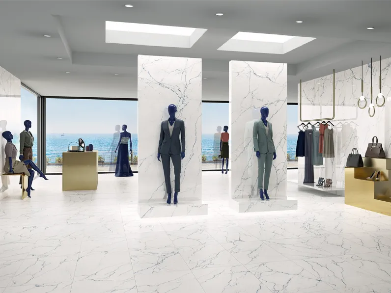 Piastrelle in gres porcellanato effetto marmo bianco di Sicilia con venature di colore blu Segesta di Tagina