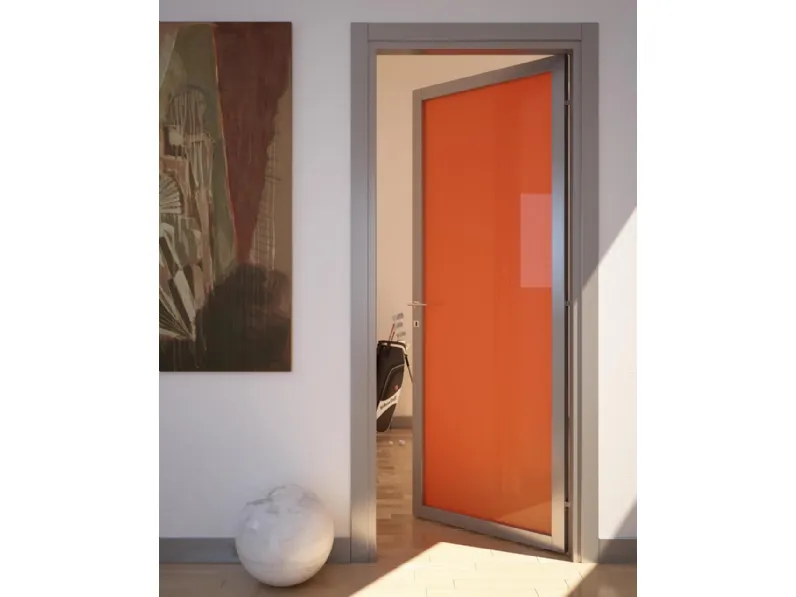 Porta per interni a battente Flat vetro Song Arancio, finitura laccato alluminio di Foa