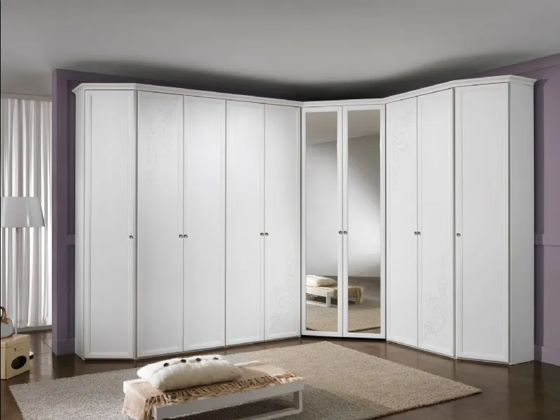 Armadio Angolare 02 finitura Frassino Bianco e specchio con decoro di Felver