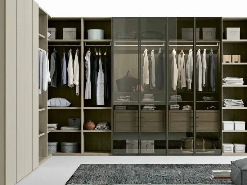 Cabina Armadio angolare a spalla Easy finitura Olmo Cenere, laccato opaco e vetro Grigio di Archimede