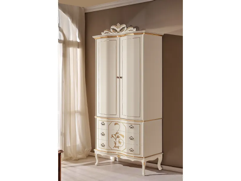 Armadio con ante battenti in legno laccato e intarsiato con decori in foglia oro Classic 122 EM23 di Tarocco Vaccari
