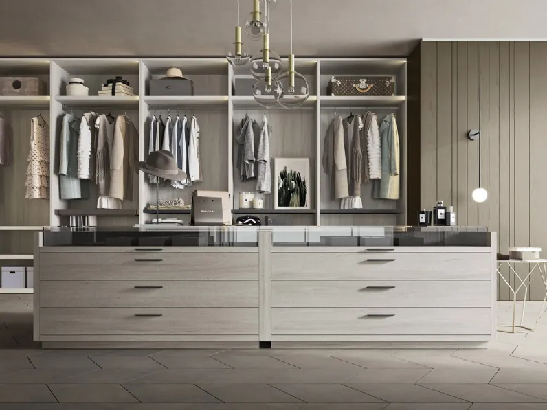 Cabina Armadio First con isola centrale in melaminico Grey Wood di Ballancin