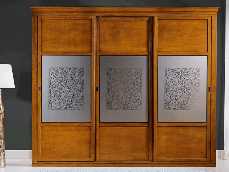 Armadio con 3 ante scorrevoli I Petali in legno finitura Noce con Vetro decorato di Betamobili