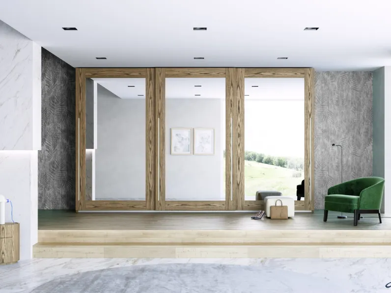 Armadio con tre ante scorrevoli a specchio con cornice in legno Lekurve di Fazzini