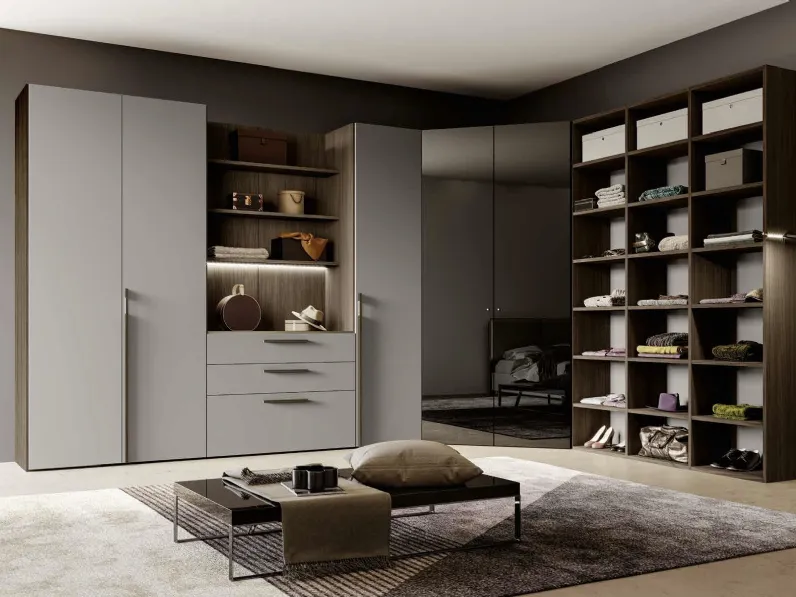 Armadio angolare finitura Grigio Seta, Noce moro e Specchio fumé Line V2 Vola di Imab