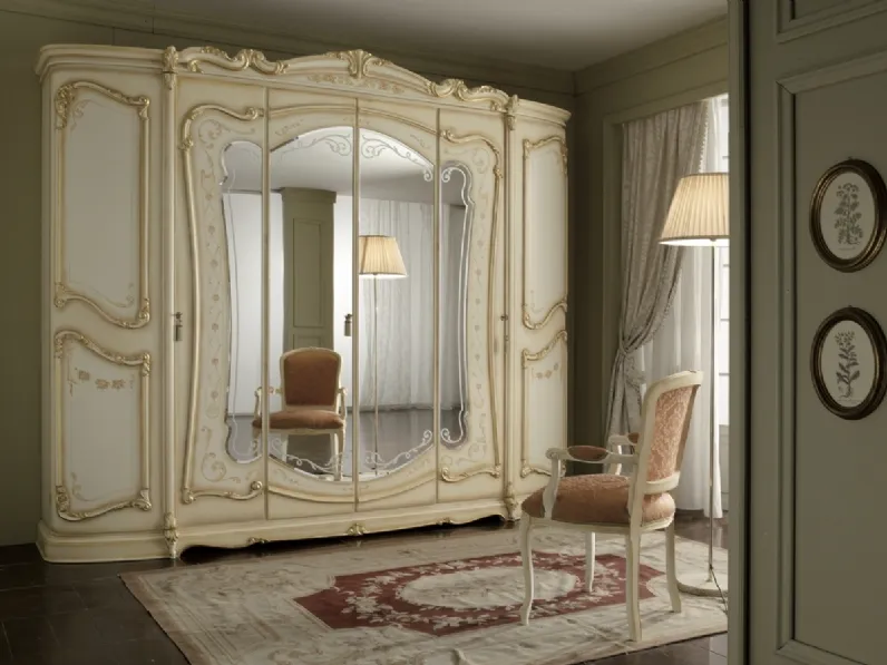 Armadio classico con ante battenti in legno laccato e specchi Royal di Ghezzani