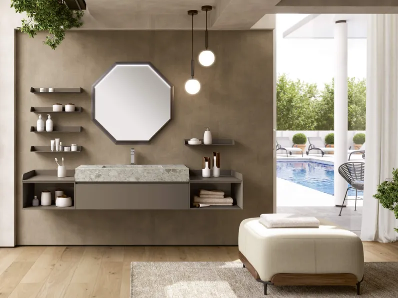 Mobile da Bagno sospeso 3Punto0 104 in laccato grigio Londra opaco e top in HPL Palladiana di Rab Arredobagno