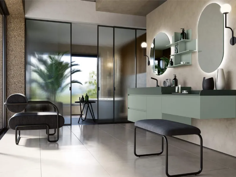 Mobile da Bagno sospeso 3Punto0 110 in laccato ceruleo touch e top in Fenix verde Rab Arredobagno