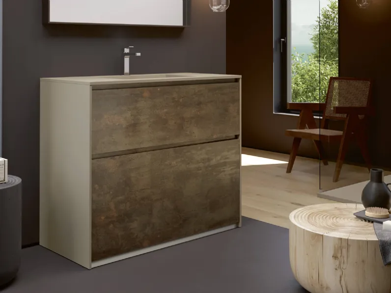 Mobile da Bagno a terra 3Punto0 113 in HPL Corten e laccato sabbia touch con top Mineralux stone con vasca integrata di Rab Arredobagno