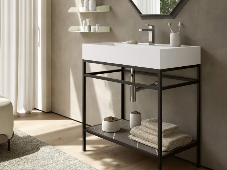 Mobile da Bagno a terra 3Punto0 114 in metallo verniciato nero e paino in HPL Selce con lavabo Mineralux bianco opaco di Rab Arredobagno